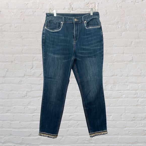 Christopher & Banks Jeans Medium Wash Stretch Denim Fringe Hem Casual Size 10 - Picture 1 of 10